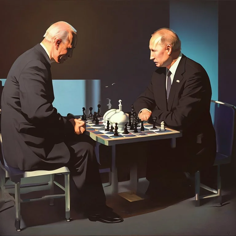 Putin, President Xi Of China And Joe Biden Play Chess between lights and shadow With A Pigeon,And Atomic Bomb Mushroom Cloud,Complex Surgical Instruments Intermixed With A Newborn Boy,Minimalism,Painting By Adrian Ghenie,Rene Magritte,Pablo Picasso,Michelangelo,Salvador Dali,Lucian Freud