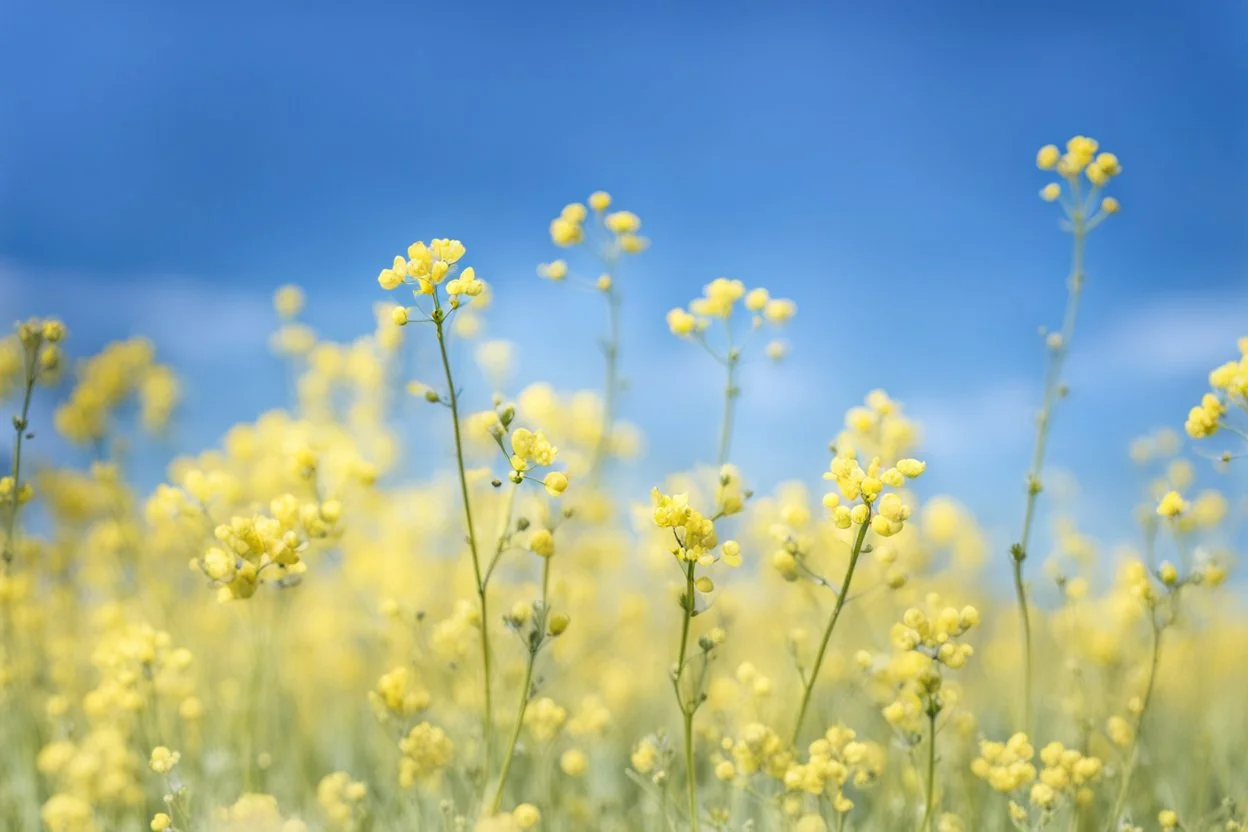 bottom is detailed canola blooming with green stems, top is sky, photography,