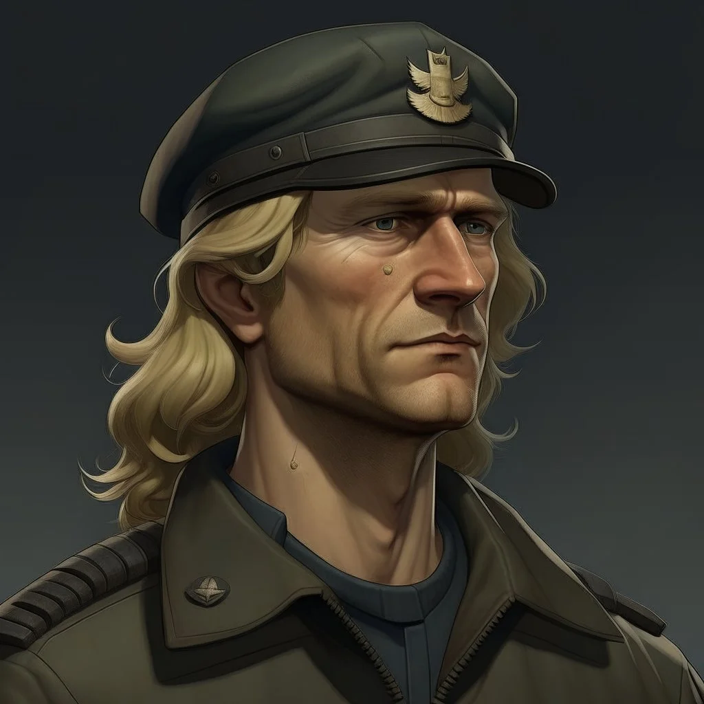 The submarine mechanic Blicke Blocknyckel, a blonde man with a mullet and chinstrap realistic grimdark