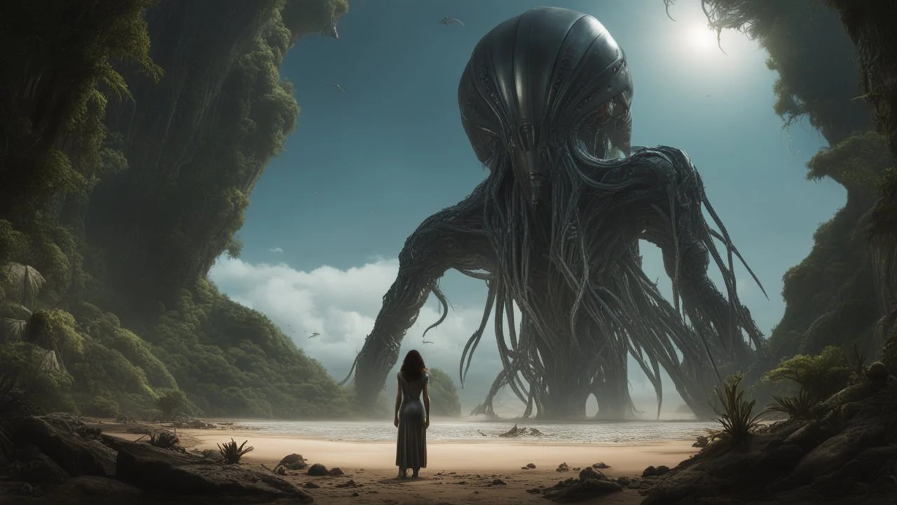 Wide-angle shot of a woman, standing on the right hand side of an alien beach, with dark hair in a silver robotic catsuit, many floating aliens with long tentacles, alien jungle trees in the distance detailed matte painting, deep colour