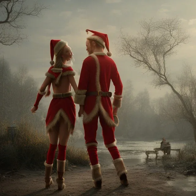 two elves. woman and man. Christmas scene. photorealistic. low-key