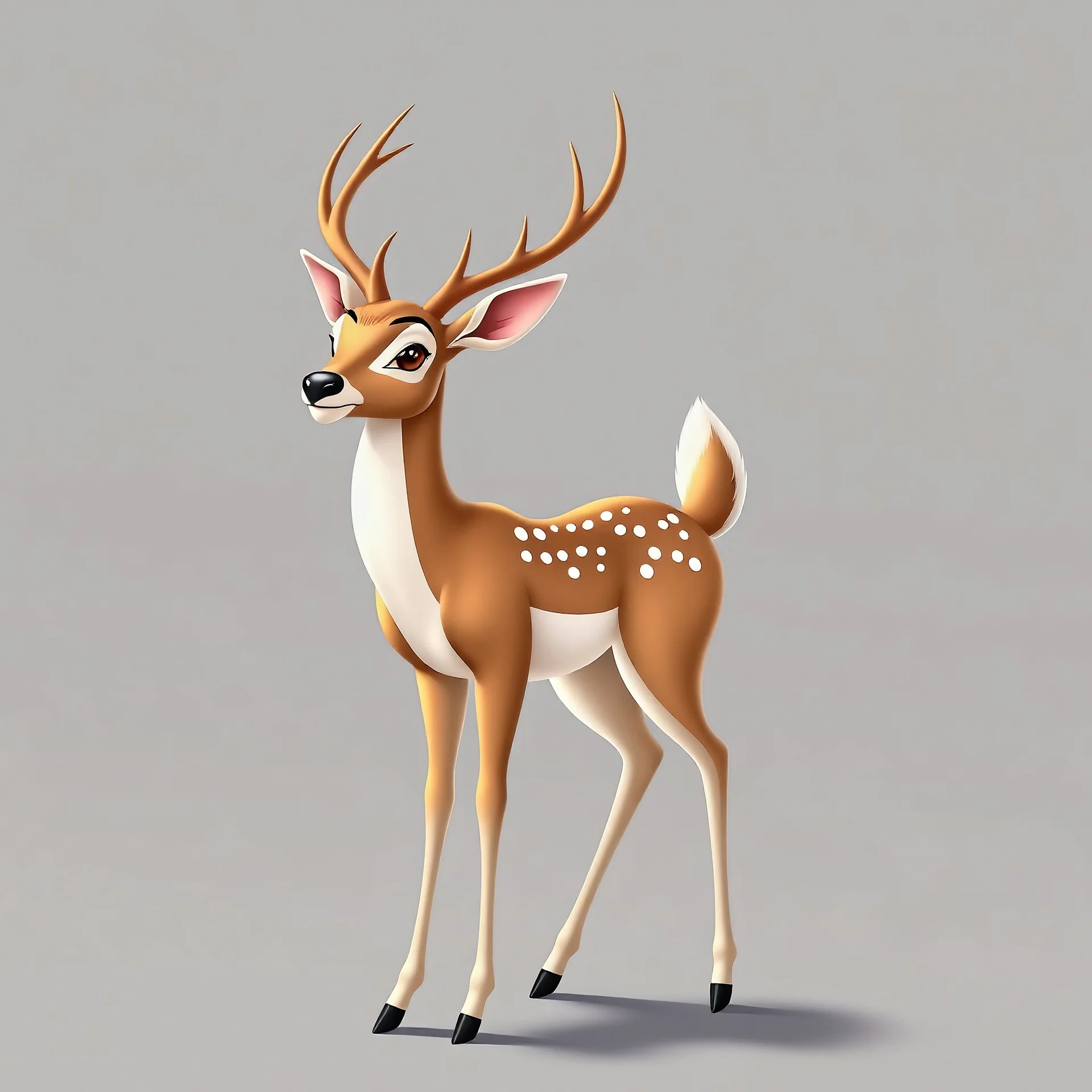 full body of adult white tail deer, proud, heroic, chest out, tail upward, on flat background, In the style of 'My Little Pony' and 'Bambi', fantastic lighting