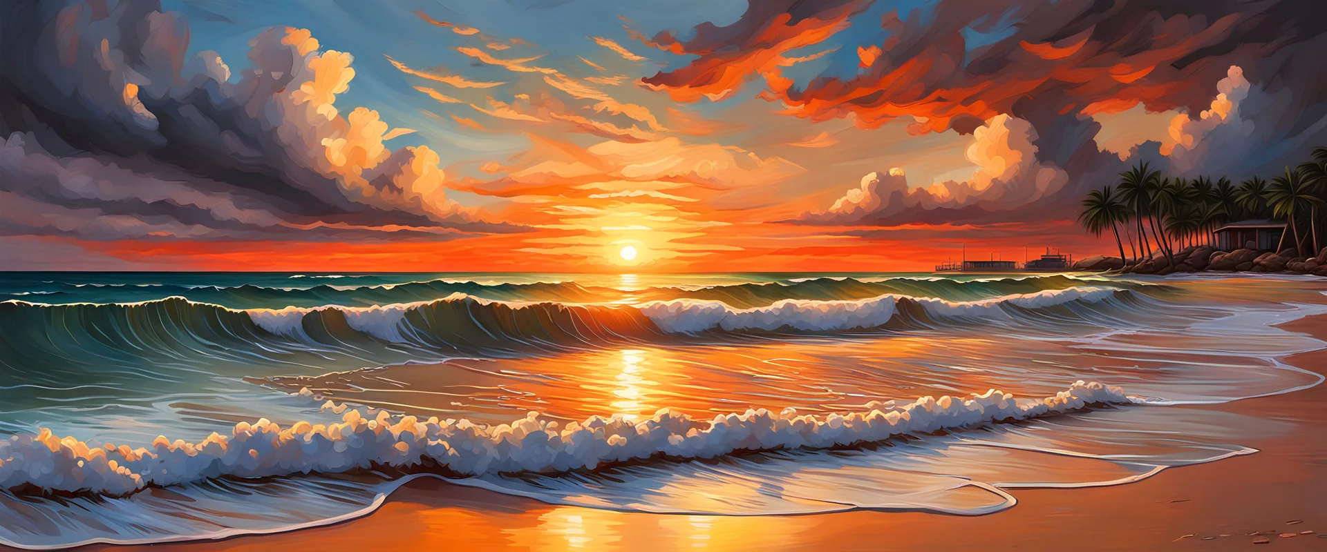 beach, intricated details, sunset, oil painting style, dramatic lighting