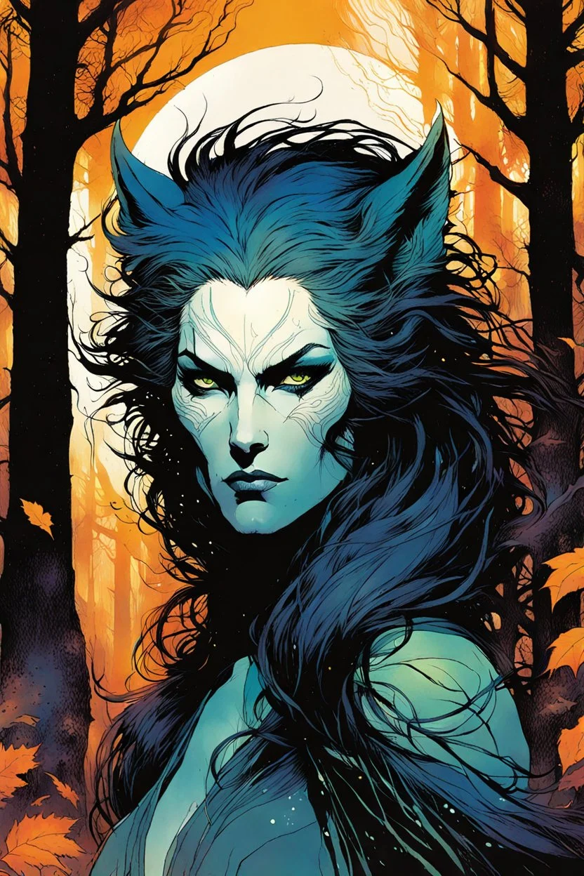 create a wildly conceptual print illustration of a feral wolven sorceress with highly detailed hair and feminine facial features, in an ethereal, otherworldly ,ancient autumn forest , in the comic book art style of Bill Sienkiewicz, Mike Mignola, Sparth, and Jean Giraud Moebius, finely drawn, colored, and inked, suffused with dramatic natural light and shadow of sunset