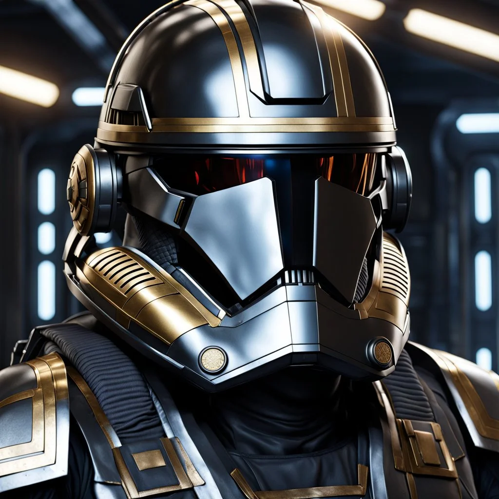 star wars bald male corellian pilot wearing pearlescent black and gunmetal grey First Order special forces heavy assault stealth commando armor and helmet with gold trim inside the jedi temple, hyperdetailed, dynamic lighting, hyperdetailed background, 8k resolution, volumetric lighting, light skin, fully symmetric details