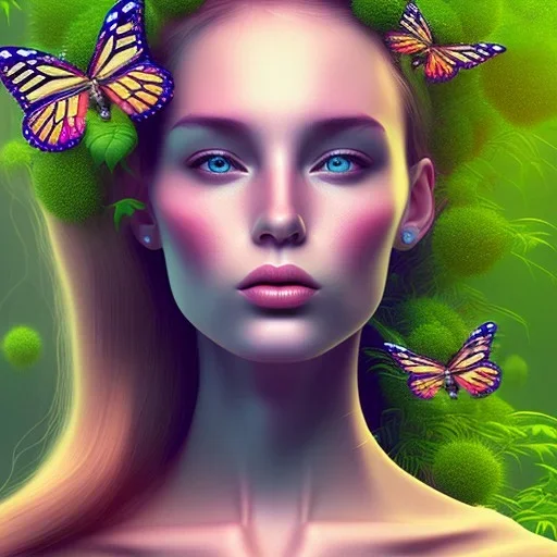 Generates high quality portraits of women covered in various plants, surrounded by forest and butterflies.