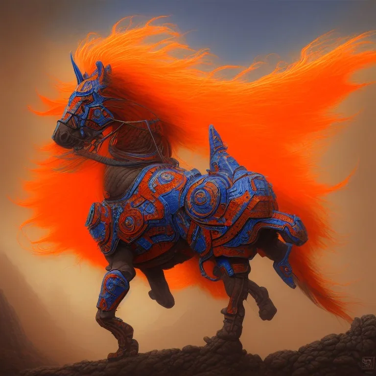 angry horse in orange and blue battle armor, a highly detailed illustration, background of Inka jungle, realistic render, 8 k, micro detail, intricate, elegant, centered, digital painting, Artstation, smooth, sharp focus, illustration, artgerm, tomasz alen kopera, peter mohrbacher, donato giancola, joseph christian leyendecker, wlop, boris vallejo