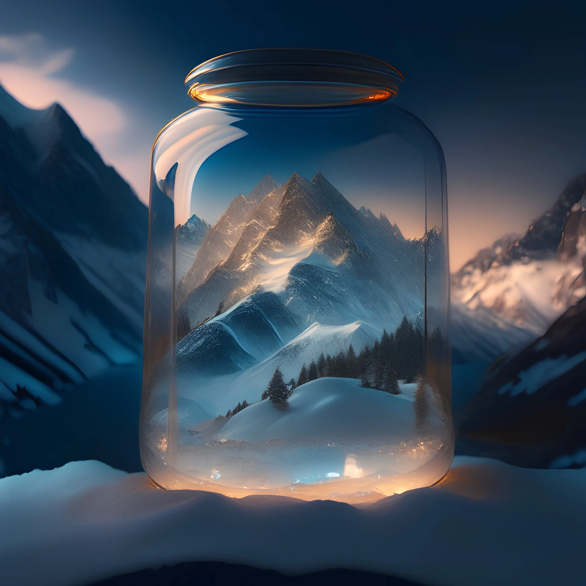 The entire Alpine snow-capped mountains are contained in a glass jar，Ultra photo realsisim，ultra - detailed，dramatic lights，4k，Colorful environment