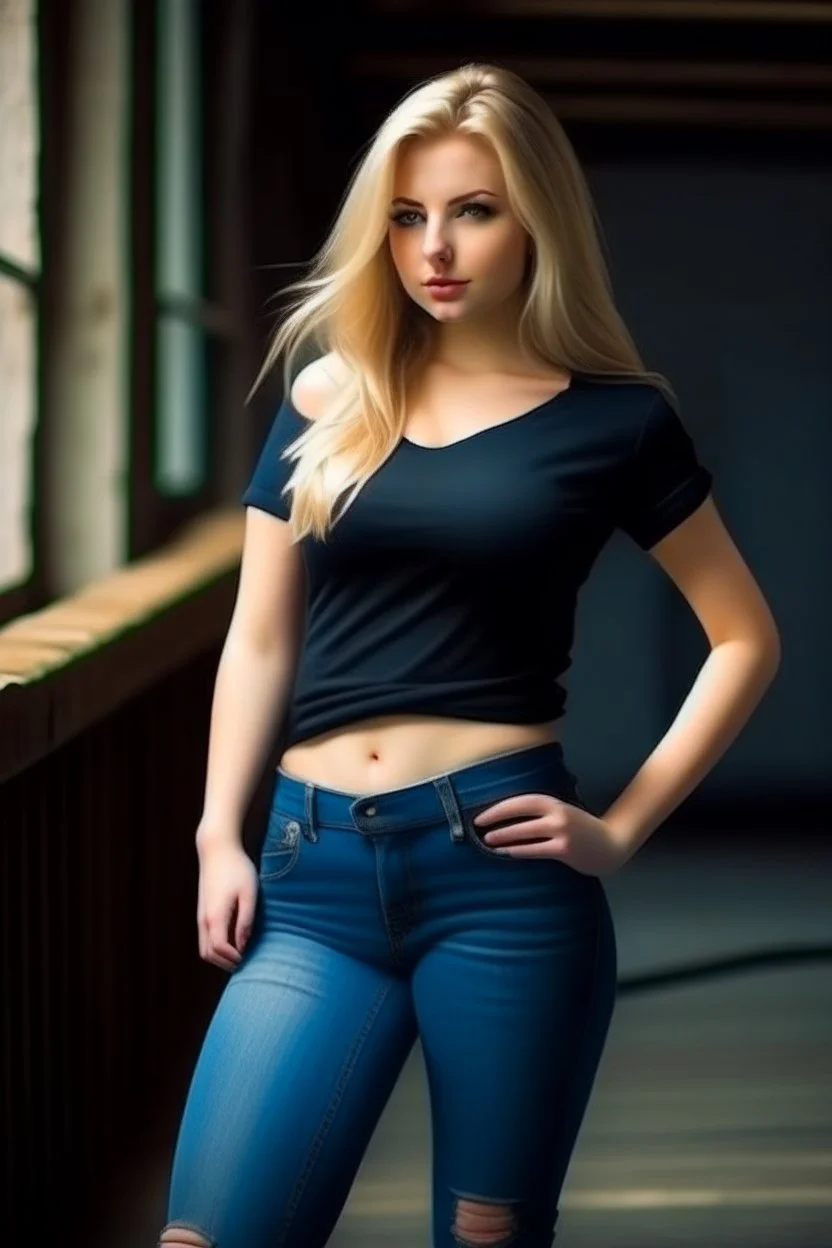 pretty girl, blonde, attractive, full body, jeans, tight top, curvy