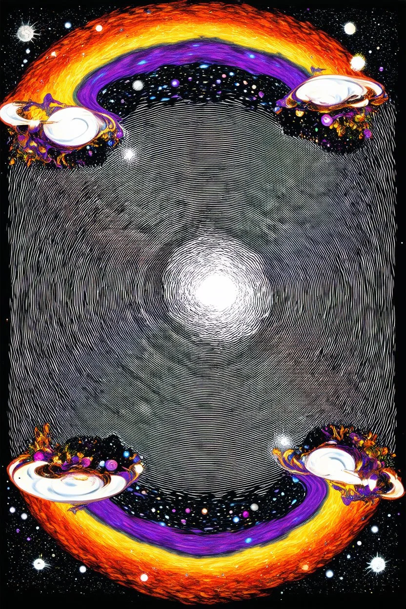 Champagne supernova in the sky; Surreal celestial black and white optical art with cosmic and planetary elements in a swirling color palette of matisse