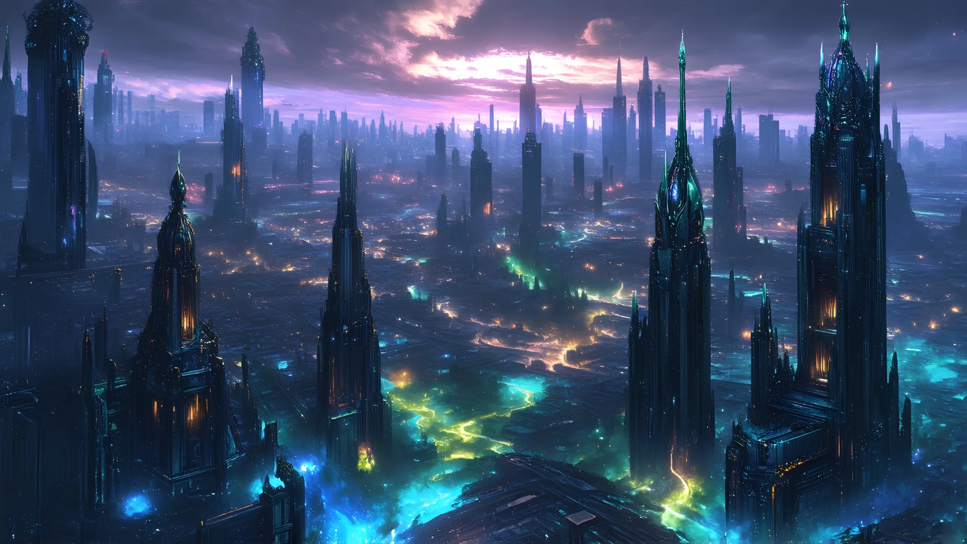 A breathtaking concept art piece of a futuristic alien cityscape in the Stellaris universe. The city is lit with mesmerizing, vibrant colors that create a captivating atmosphere. The cityscape features intricate architectural designs, with high-rise buildings and futuristic structures that stretch into the sky. The atmosphere is tense, with a sense of wonder and mystery. The attention to detail is extraordinary, showcasing a hyper-realistic rendering of the scene.