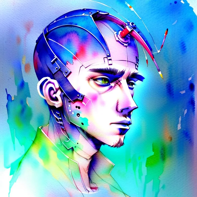 Male cypebpunk character connected to AI exploring other AI - Watercolour and Watercolour Painted Style - Jenny Rainey Style