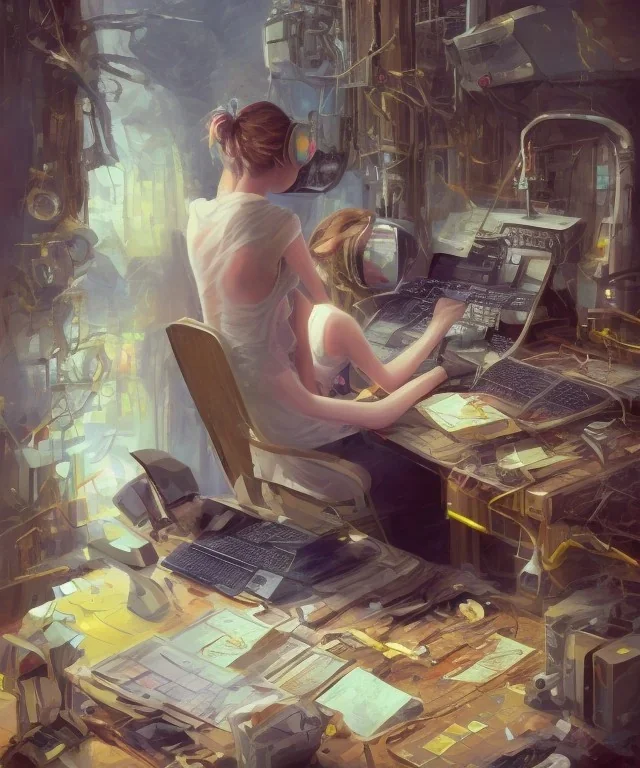 a young girl hacker and rebel, sat at his computer, typing furiously as he tried to crack the security systems of the corrupt megacorporation he was targeting.