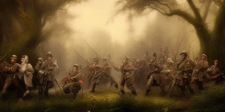 an historical army in the Woods, oasis , dark , , night , realistic