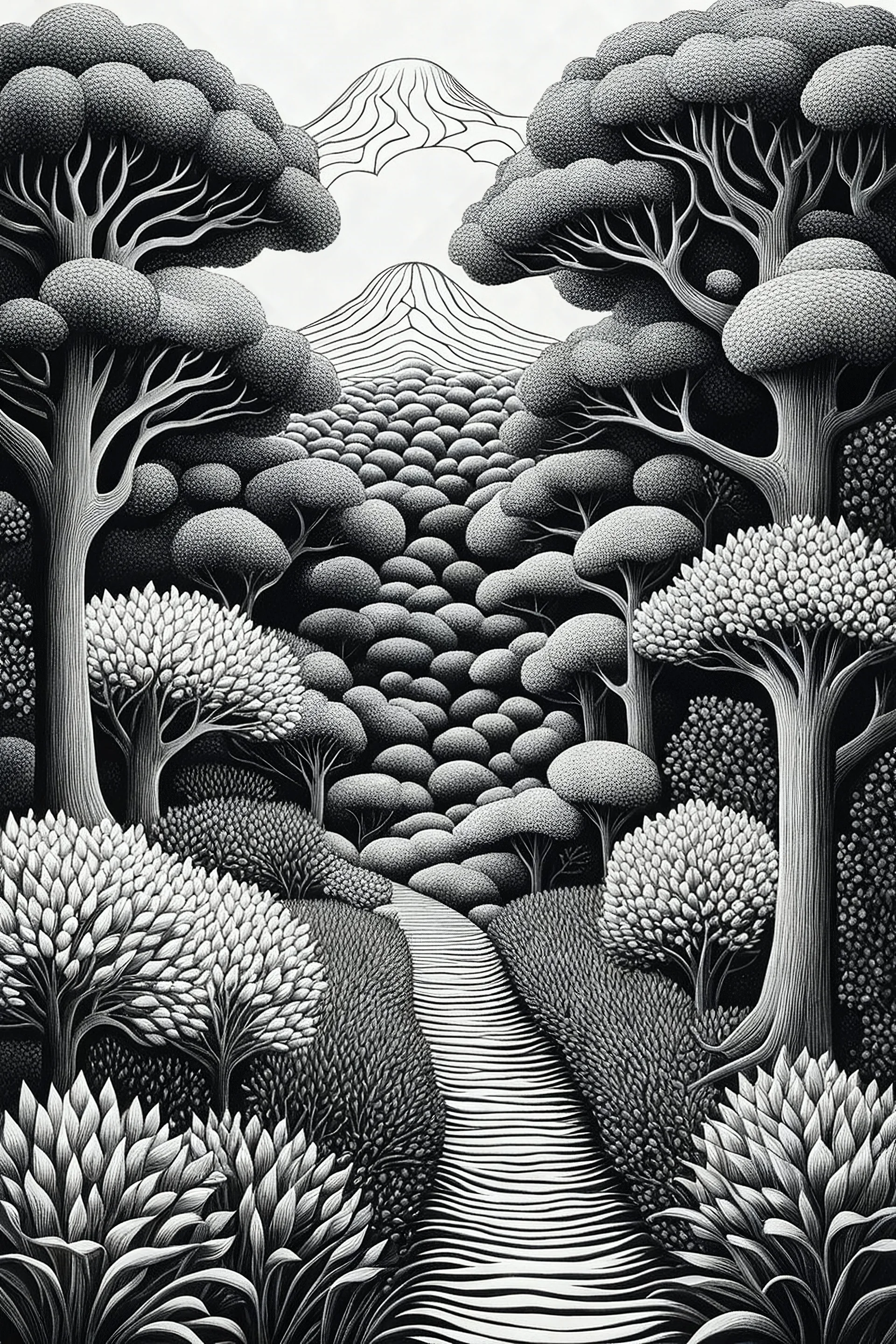 Landscape. M. C. Escher (Maurits Cornelis Escher) style art. Trees of garlic all in white color