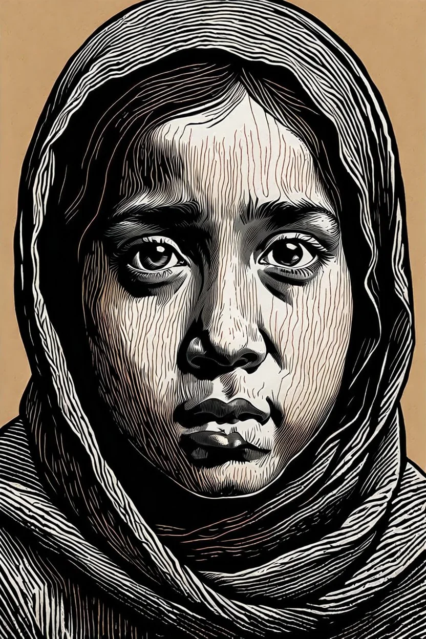 create a deeply powerful tragic, heart wrenching, and evocative, full body woodcut of a raw and weathered young Muslim refugee girl with highly detailed and deeply cut facial features, lost in a horrific post apocalyptic Gaza, in the style of KATHE KOLLWITZ , searing lines and forceful strokes