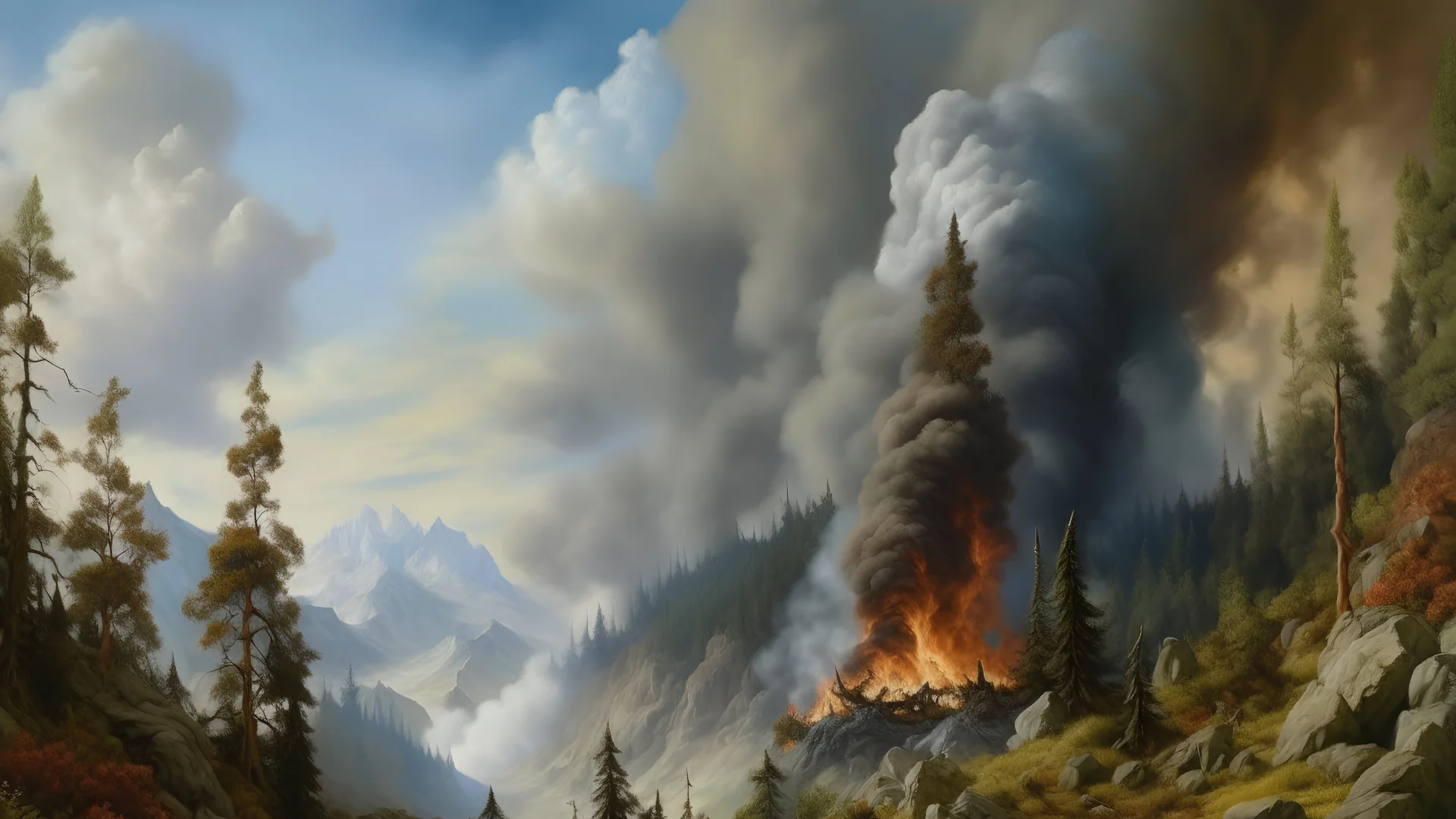 A burning rocky mountain side, plumes of smoke, burt trees, realistic, medieval, painterly,