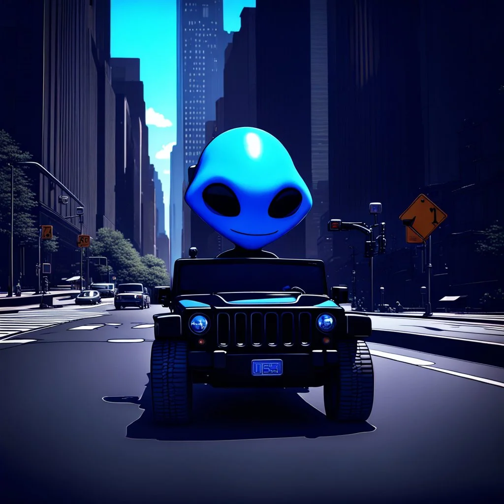Magnetic blue cartoon alien driving a shiny black open Jeep Hummer on a road in Manhattan, character portrait by Mike Winkleman, featured in cgsociety, pop surrealism, rendered in cinema4d, daz3d, behance hd
