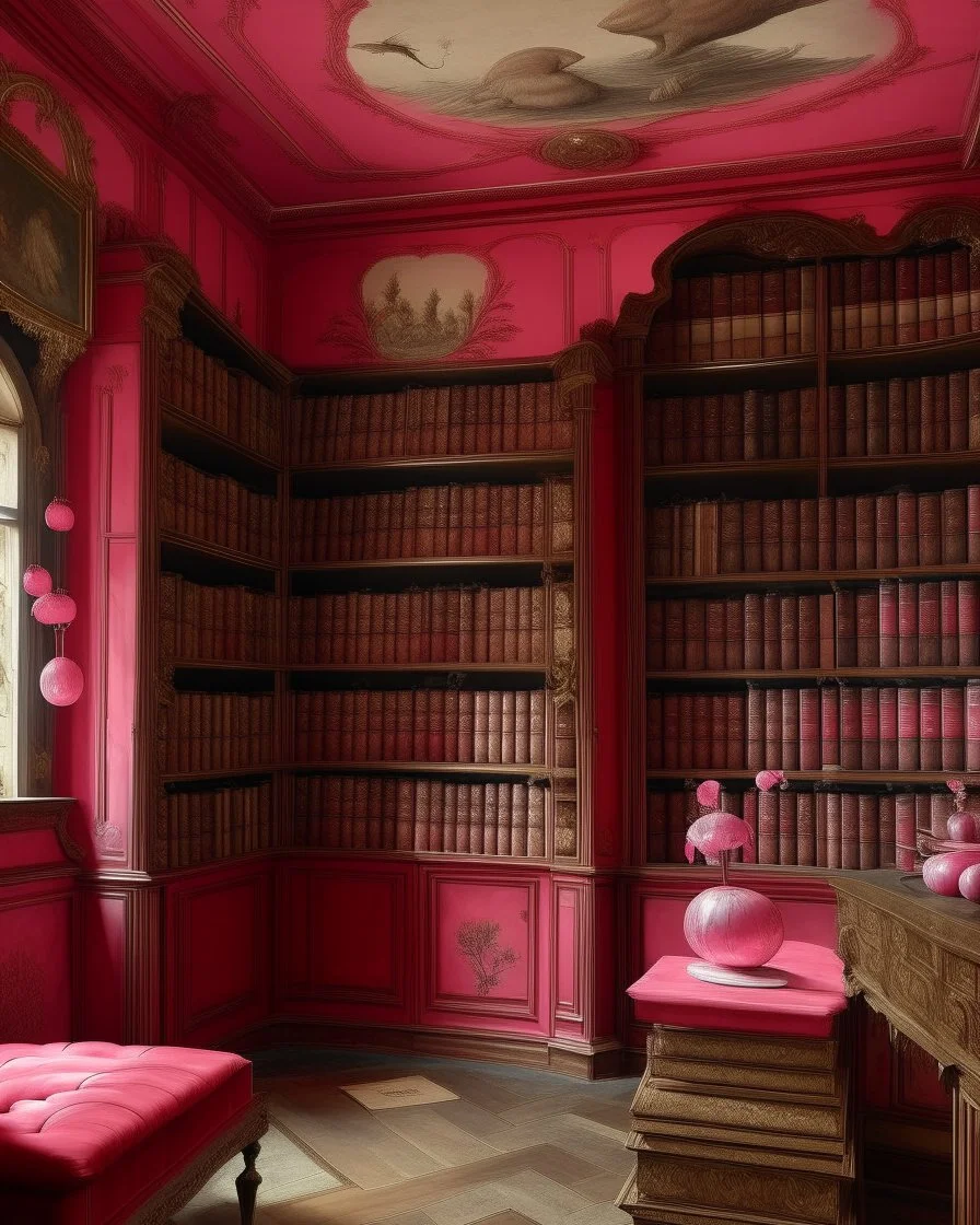 A rosy pink library with floating mystical eyes painted by Francis Danby