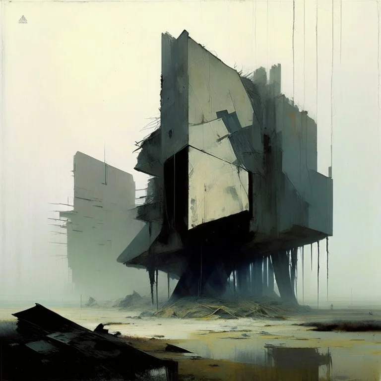 Contemporary abstract painting of Lebbeus Woods brutalist architecture in a wasteland techno decaying landscape. Hazy foggy sky. Concrete ground. Exposed twisted concrete. Style Justin Mortimer and JMW Turner.