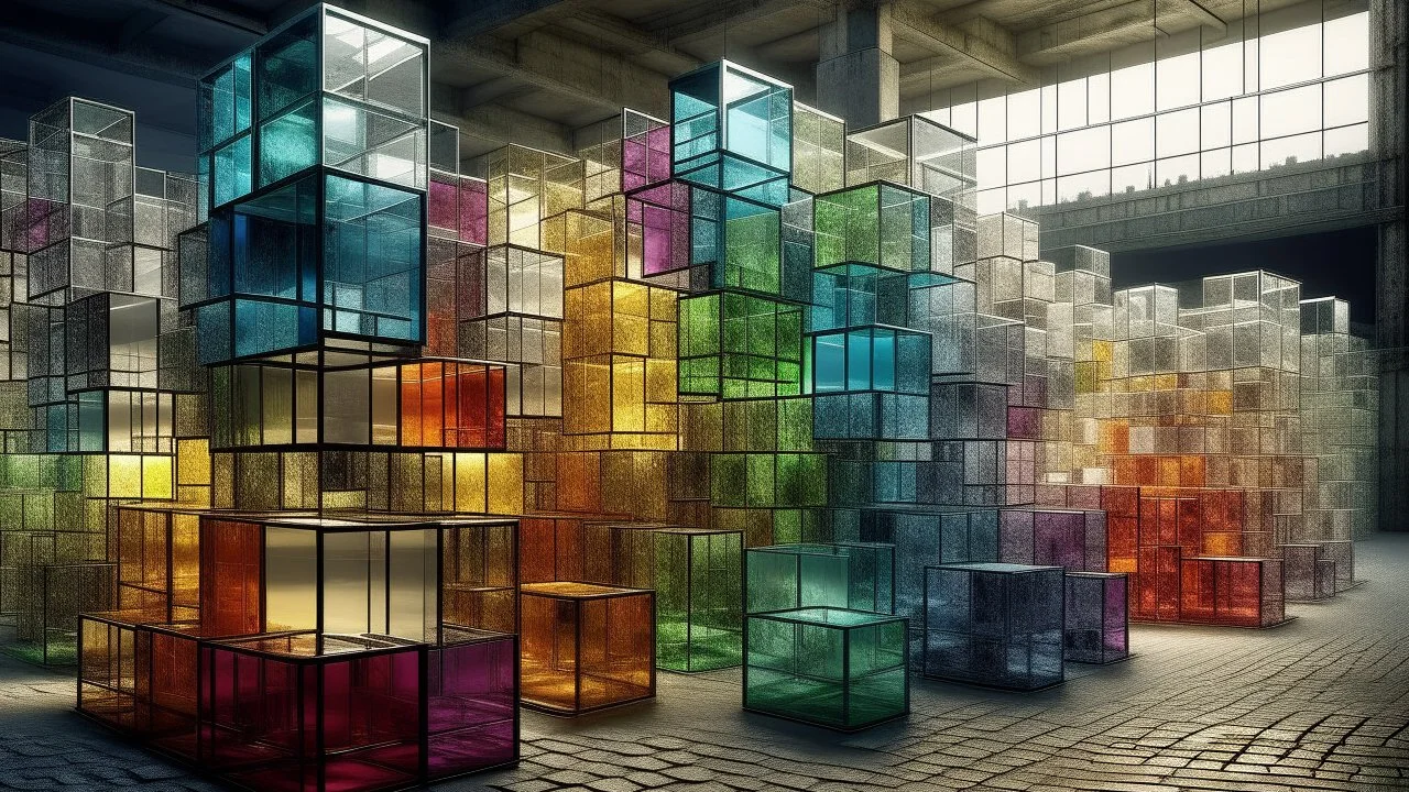 Post-apocalyptic scene with numerous glass cubes and horizontal concrete structures. Embedded with vertical and horizontal light fixtures of various colors.