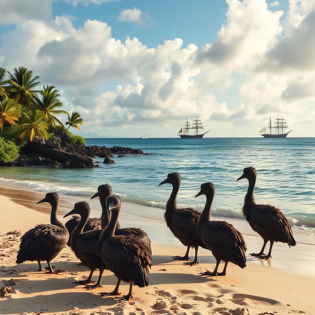 group of dodo birds on a tropical Galapagos beach with a 19th century wooden ship in the distance, stunning nature photography, dramatic