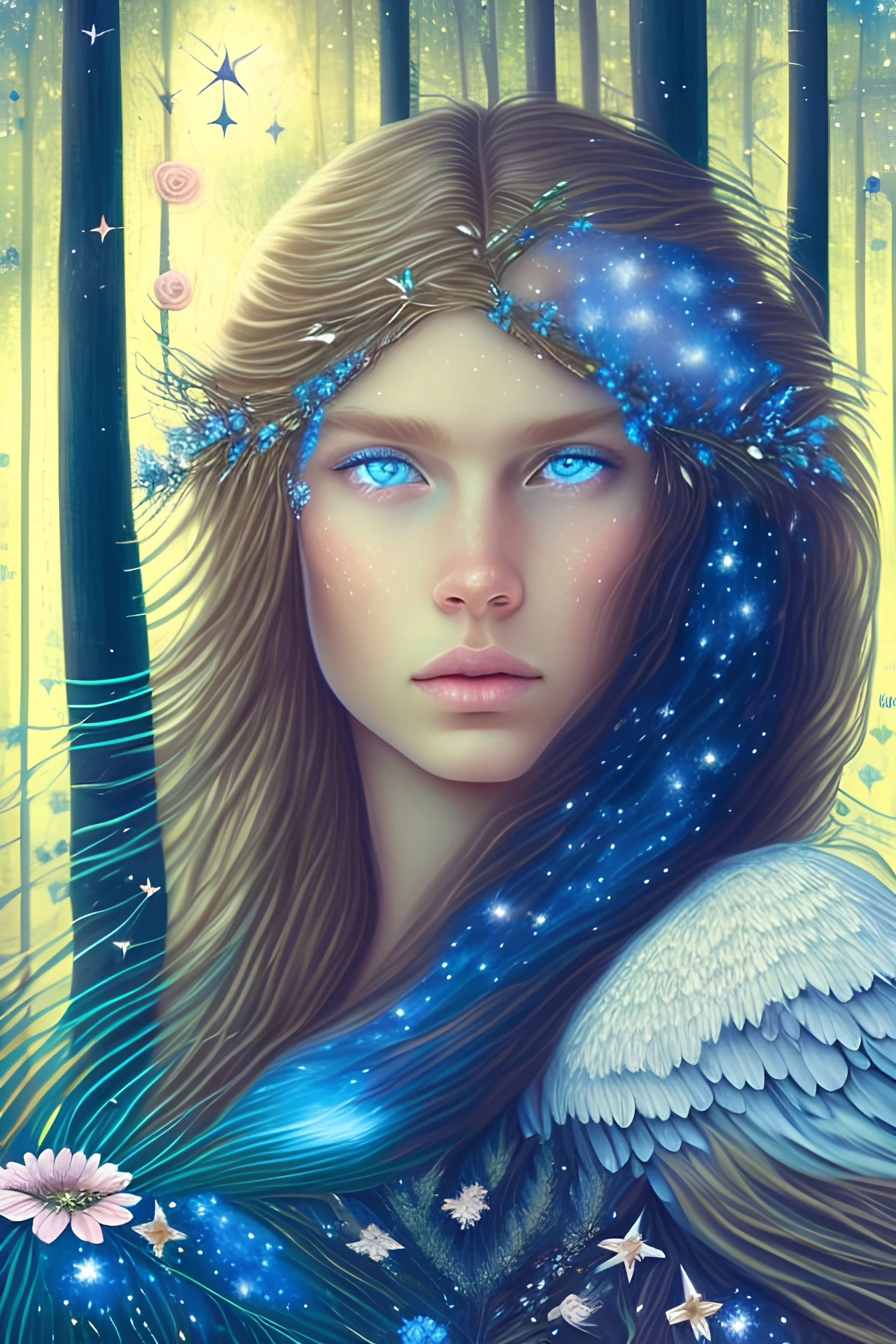 angelical indigenous , long hair, blue eyes, flowers, stars, galaxy, forest, birds