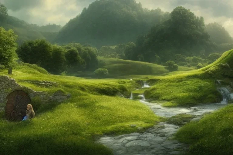 the shire, beautiful scenic landscape, lord of the rings, wide angle, super highly detailed, professional digital painting, artstation, concept art, smooth, sharp focus, no blur, no dof, extreme illustration, unreal engine 5, photorealism, hd quality, 8 k resolution, cinema 4 d, 3 d, beautiful, cinematic, art by artgerm and greg rutkowski and alphonse mucha and loish and wlop