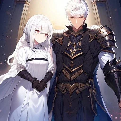 Girl with white hair wearing white robes. Boy with black hair wearing leather armor