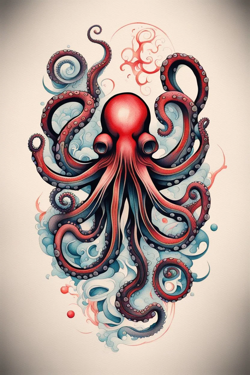 Create a captivating modern 2d colorfull ink tattoo design for print , prestigious (Japanese Octopus) using the elegant influences of japan art style, for print, dynamic elements from fashion and design, and bold Japanese contemporary art aesthetics, framing centered in the center, distanced from the edges of the paper perimeter, perfect anatomy, bauhaus, Divine Proportion,