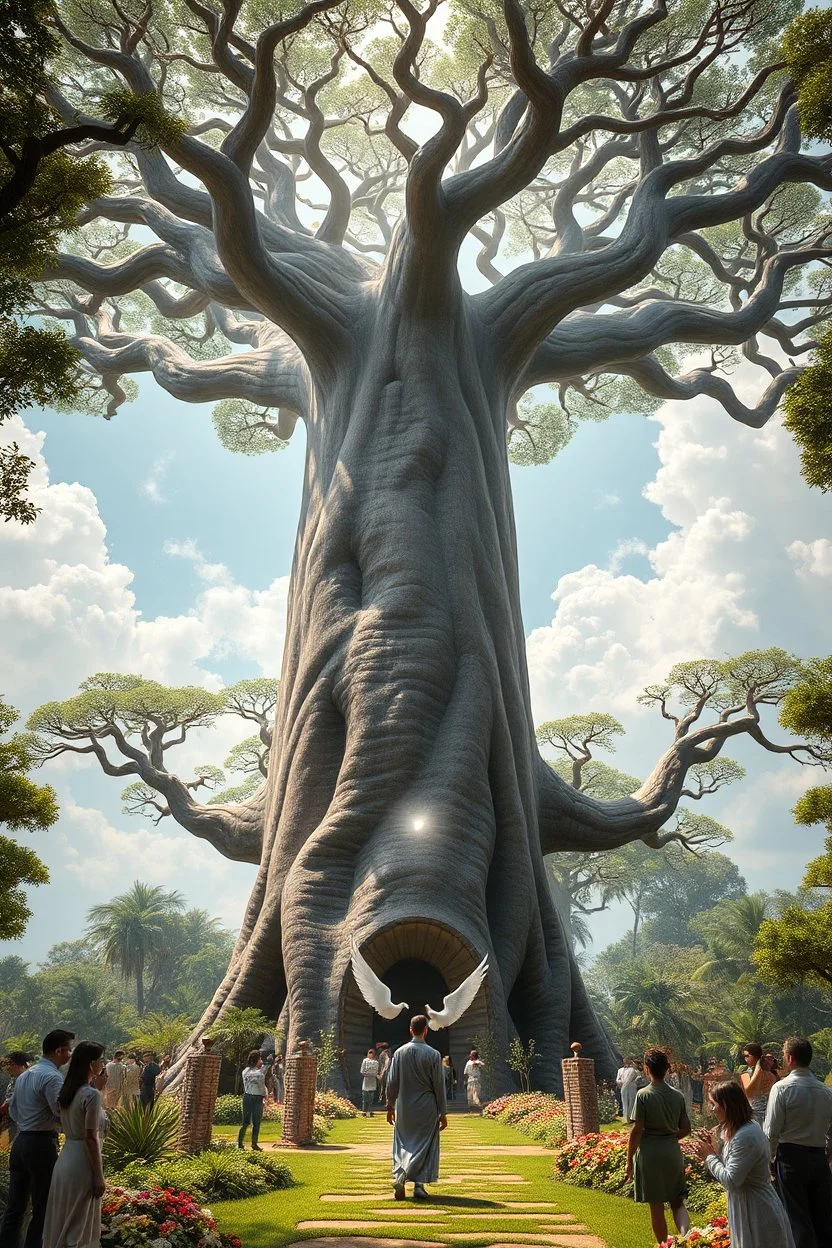 A hyper-realistic, A heavenly garden with a towering baobab tree, surrounded by people and angels in a peaceful embrace. , Photo Real, 64k
