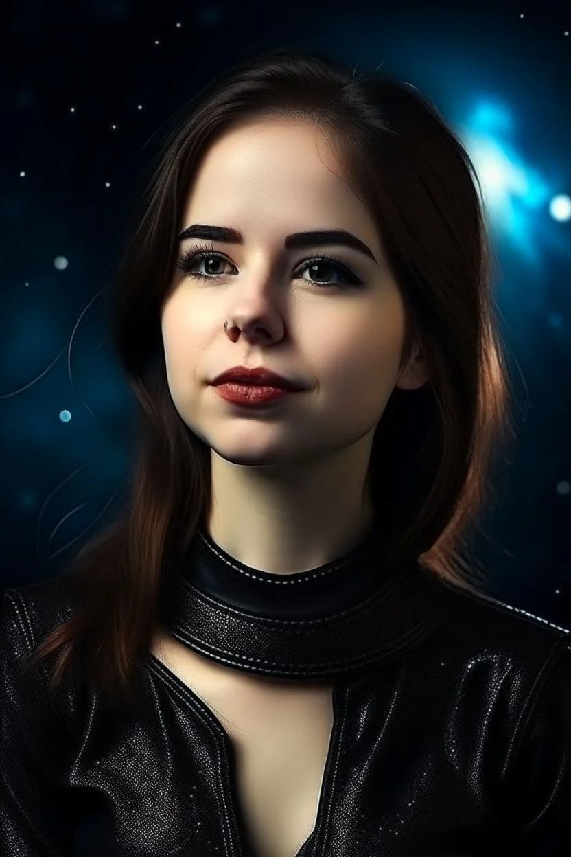 Portrait of pretty lady wearing a leather collar on space background