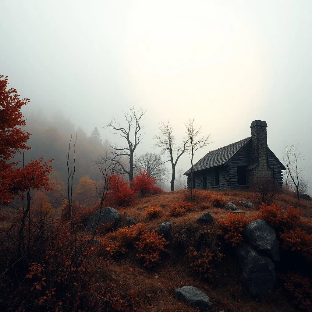 Close-up Ilford photograph of a creepy surreal landscape, eerie, no style, autumn vegetation, very surreal, trees, spooky, metaphysical objects, giant sun, intricate, thoughtful, appalling, mountain rocks, ruins of abandoned old farmhouse, deep 3d field, 8k, hypermaximalist, lot of fog