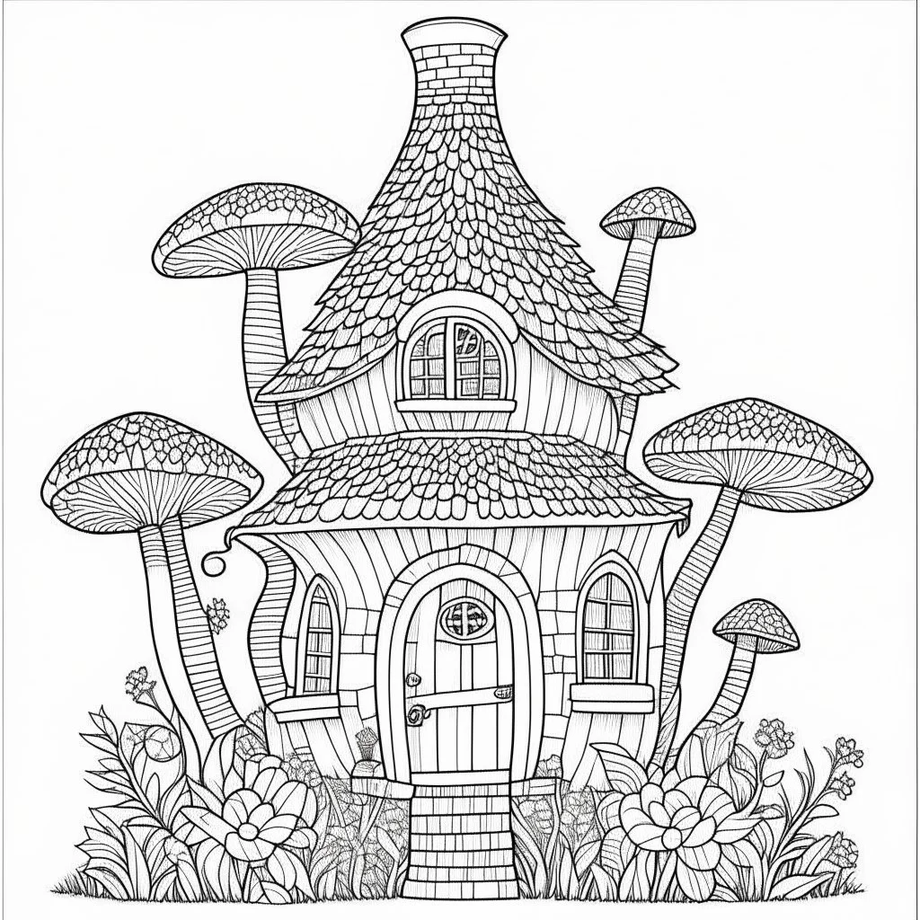 A fairy house Twinkling Petal Palace, coloring page, exact shape, real image, minimal lines, white back ground color, real style, realistic, minimalistic, minimal black line art, line art, crisp line art, unique coloring sheet, outlined, outline, crisp, crisp line edges, illustration, thin lines, crisp clear lines, line art, clean line art, unique, 8k, no colors, no dark color, no black color, avoid thick black, minimalistic line edges, white back ground,