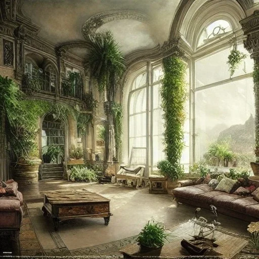  Living room with plants with a big full wall window view on mediterranean city on sea , Beaux Arts architecture,interior design,point of perspective,by Jean Baptiste Monge, Epic cinematic, brilliant stunning, intricate, meticulously, detailed, dramatic atmospheric, maximalist digital matte painting