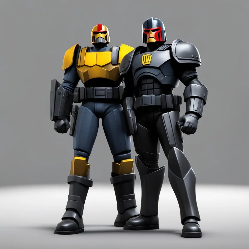In 3d Mikros animation style. Judge Dredd about to arrest a perp on a neutral grey background