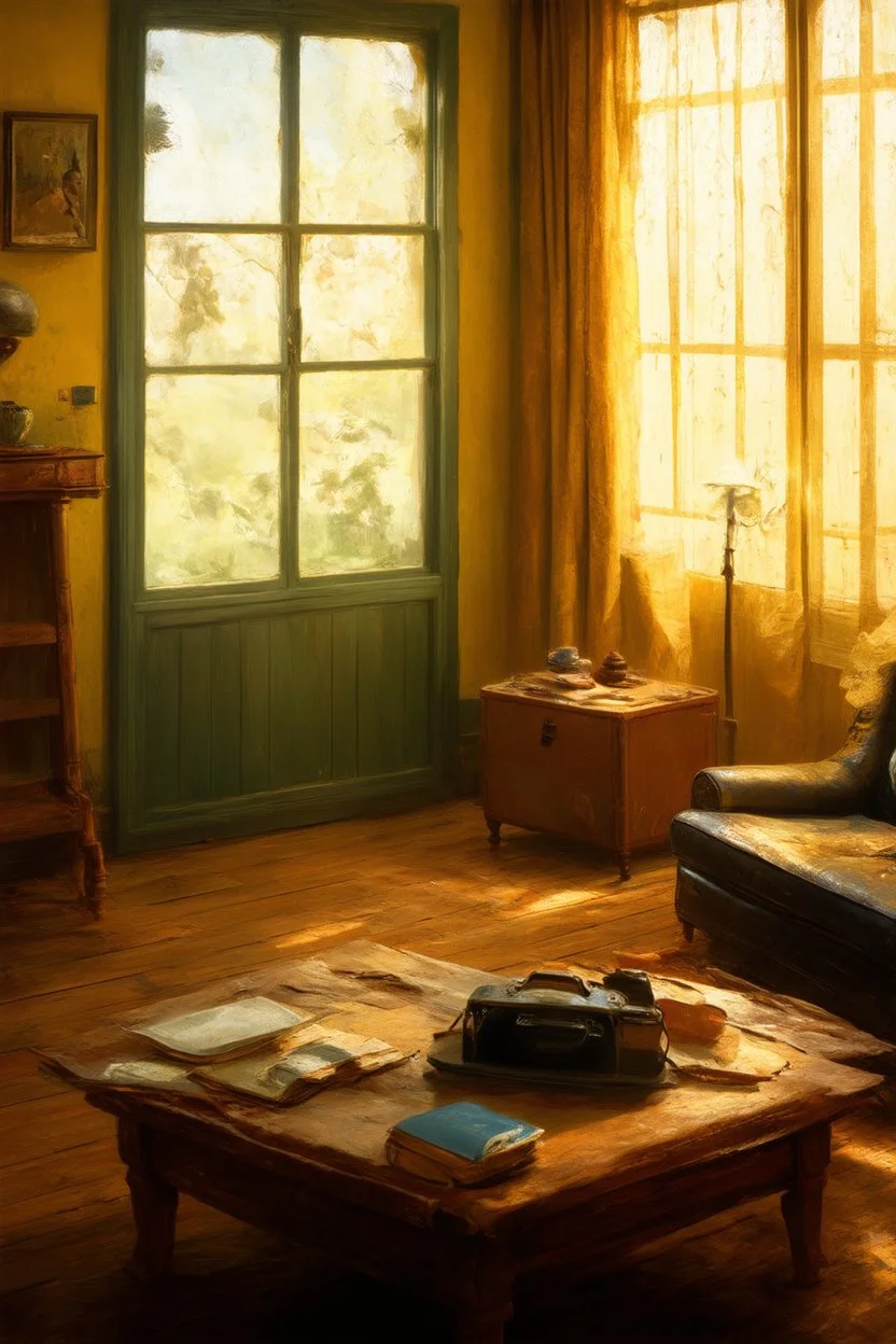 Very old stuff in a room, wide angle view, nostalgia, '50 style, hyperrealistic rendering, Max Ernst