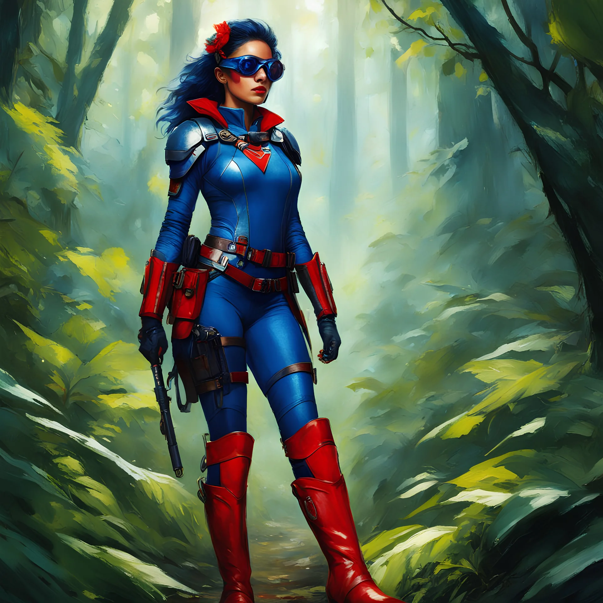 Her blue skin shimmers under the dappled sunlight, blending seamlessly with her surroundings. Those red boots, though, they stand out like a fiery declaration of her indomitable spirit. Equipped with her trusty goggles, she scans the jungle with hawk-like precision. Her keen eyes pierce through the dense foliage, seeking out any signs of danger or opportunity. But it's not just her eyes that are sharp; those ray guns strapped to her corset are a testament to her readiness to defend herself. She'
