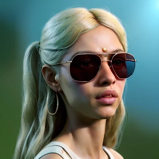 Shakira, artist, 30 years old, Realistic image, waist up portrait, etro style dress. Gucci sunglasses. loose long hair, eyes make up, perfect, glow, circle iris. concept art, smooth, unreal engine 5, god lights, ray tracing, RTX, lumen lighting, ultra detail, volumetric lighting, 3d, finely drawn, high definition, 4k.