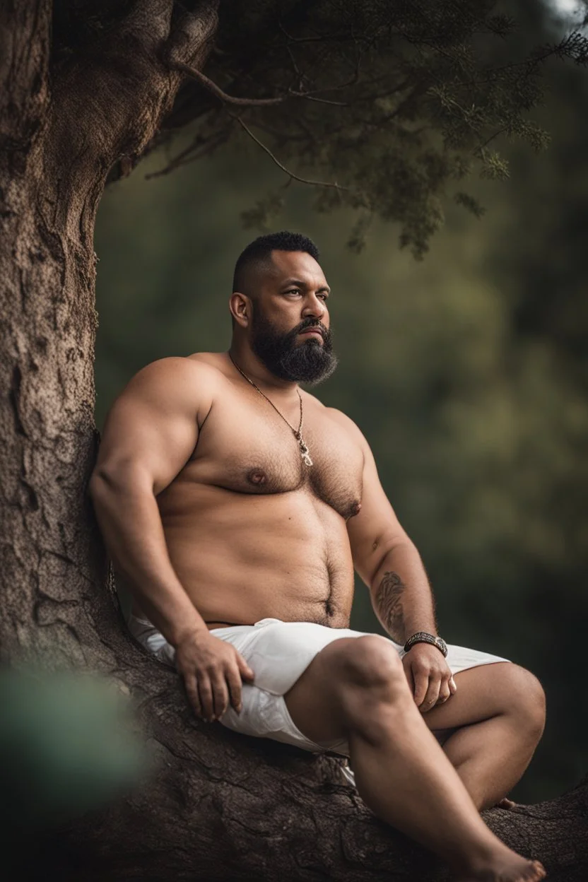 close up photography of a marocan 40 years old seated on a tree trunk in the wood, burly chubby muscular overweight, with opened shirt on manly chest, white bulging boxer, shirtless, hairy , golden hour, tatoo, Cinematic, 35mm lens, f/1.8, accent lighting, global illumination, frontal view from the ground