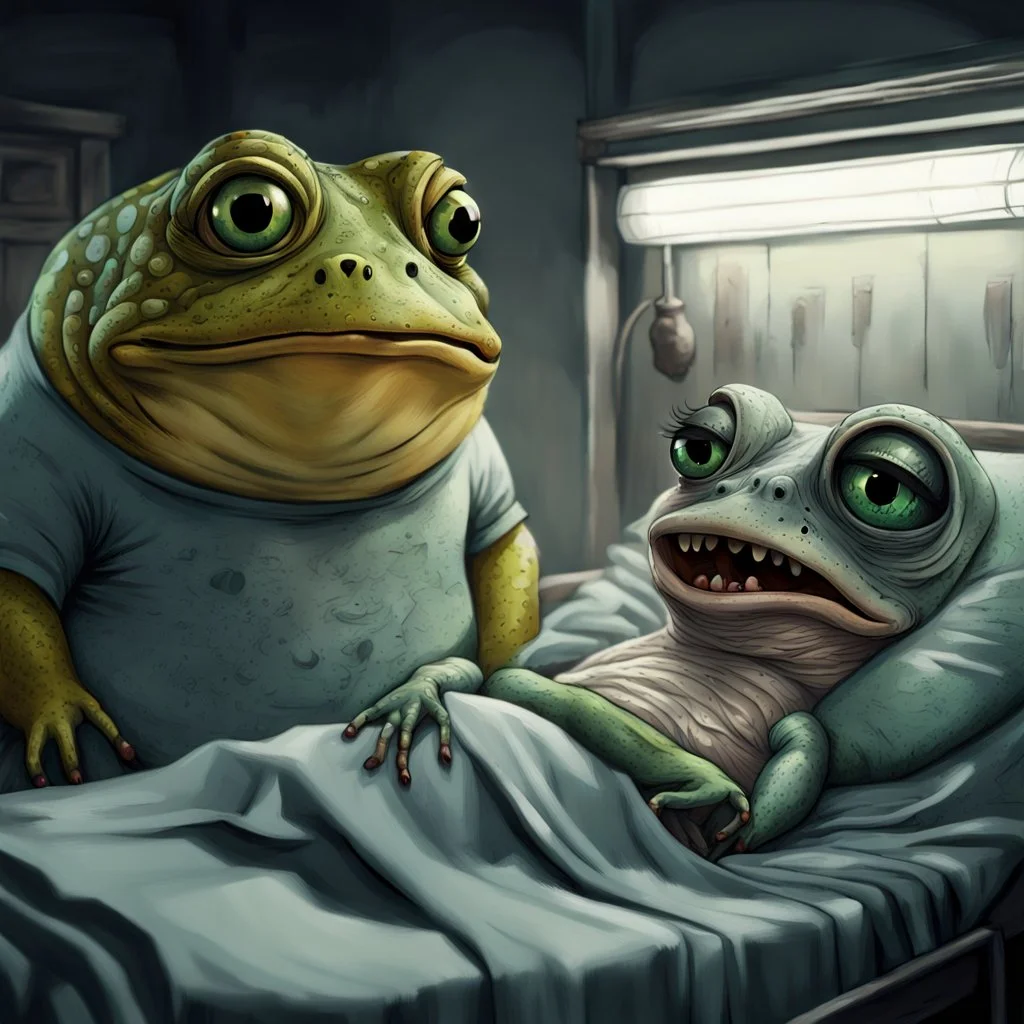 big fat large sad, yellow-green frog wearing a t-shirt, standing in an old, dilapidated room next to a bed. In the bed lies a pale gray, ancient and wrinkled lizard-medusa-frog mutant creature with two long tentacle arms, a large head, and big half-open black eyes with eyelashes. The blanket partially covers the creature. The frog gazes at the lizard creature, while the background is blurred, adding to the eerie atmosphere. The detailed, realistic rendering