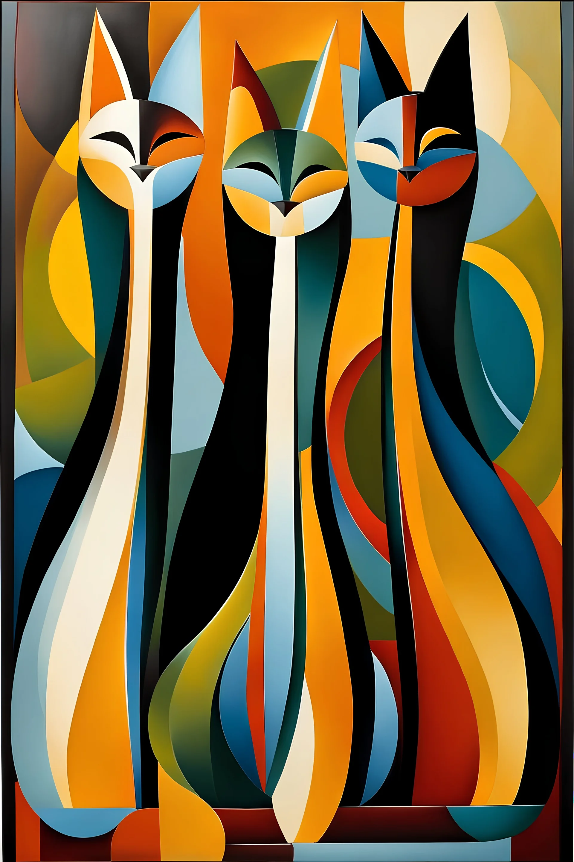 three cats, in the style of Alexander Archipenko, Keith Mallett.