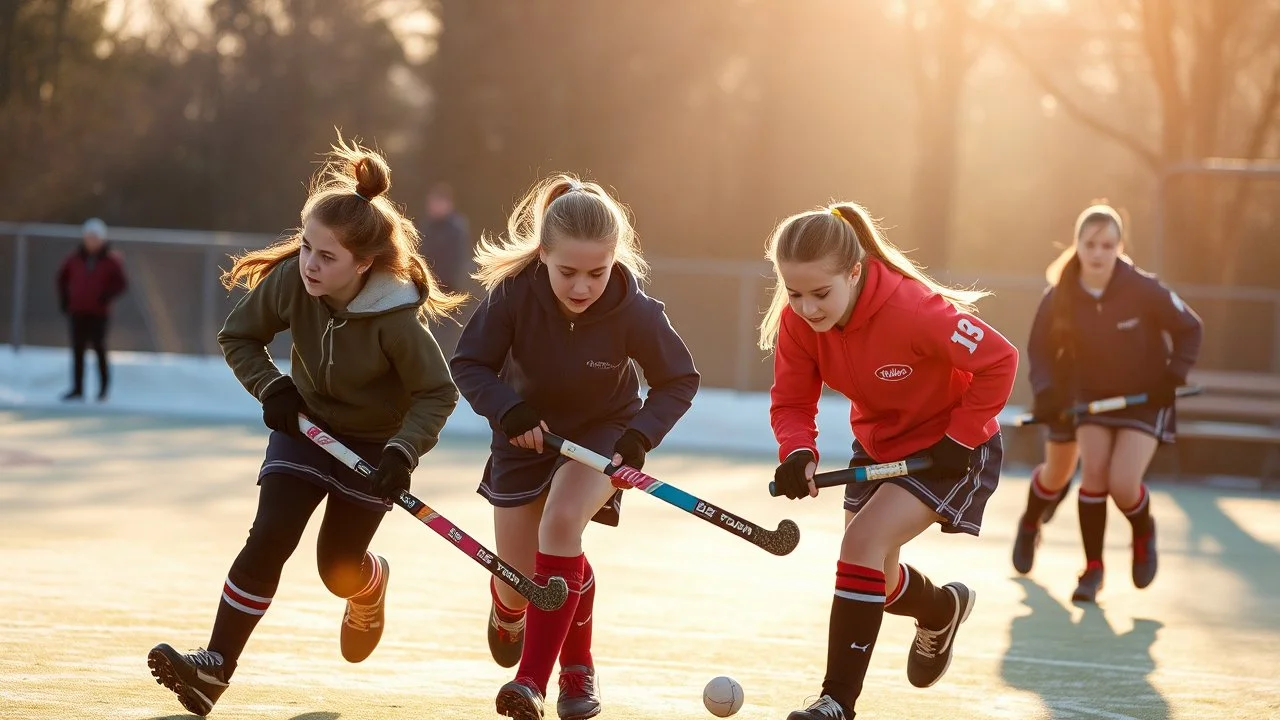 Young schoolgirls playing hockey, award-winning colour photograph, winter sunshine, action, determination, keen, tough