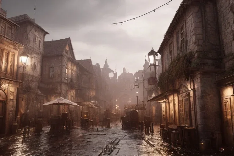 medieval fantasy town, rainy, street lights, market, tavern