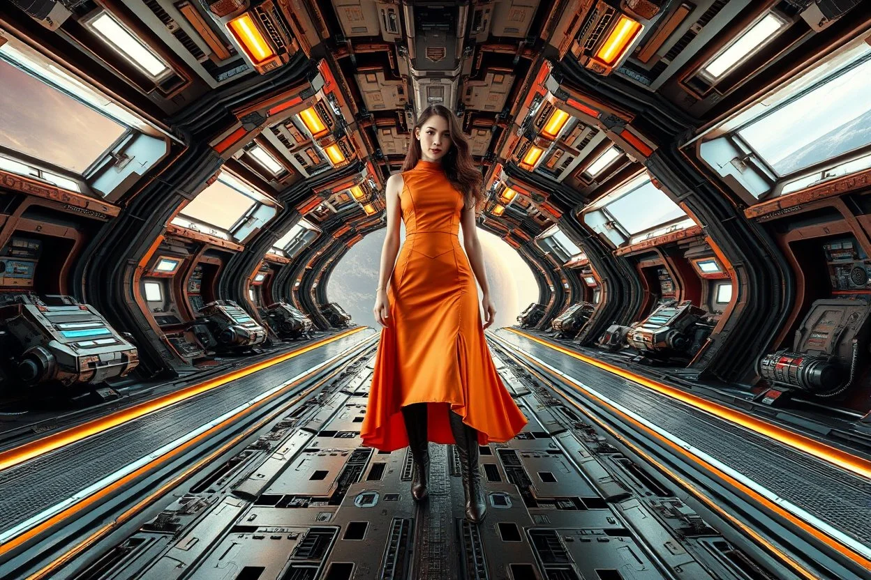 beautiful full body with long boots and midi dress lady in surreal sifi 30 th centurey space ship open air deck made of fractal random size modern mechanical metalic basic objects with helical colors,geers, in clothing similar to environment full body posing to camera