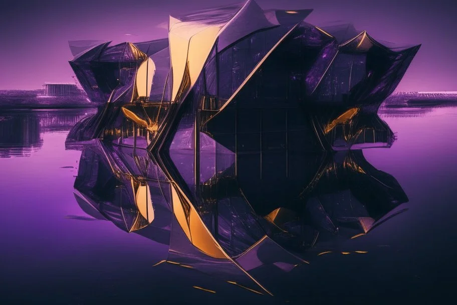 futuristic Exterior of a bulding, gothic, neon, neoclassical and dark violet and dark gold, light silver, obsidian, lakecore, maximalist, and the reflection in river, dji mavic