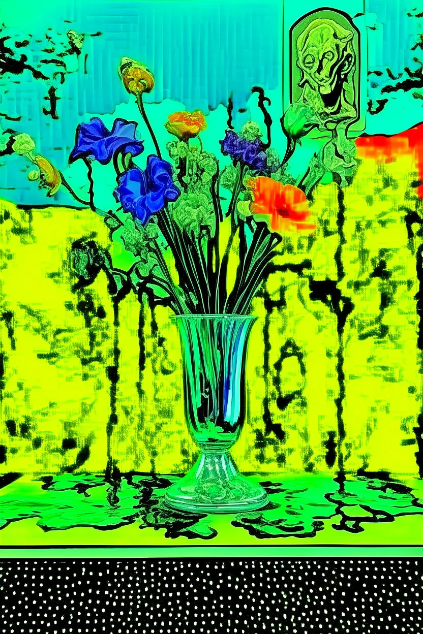 melted flowers in a glass vase, melted family pictures on the wall in the style of Salvador Dali's with green, blues, orange and purples, surrealism style