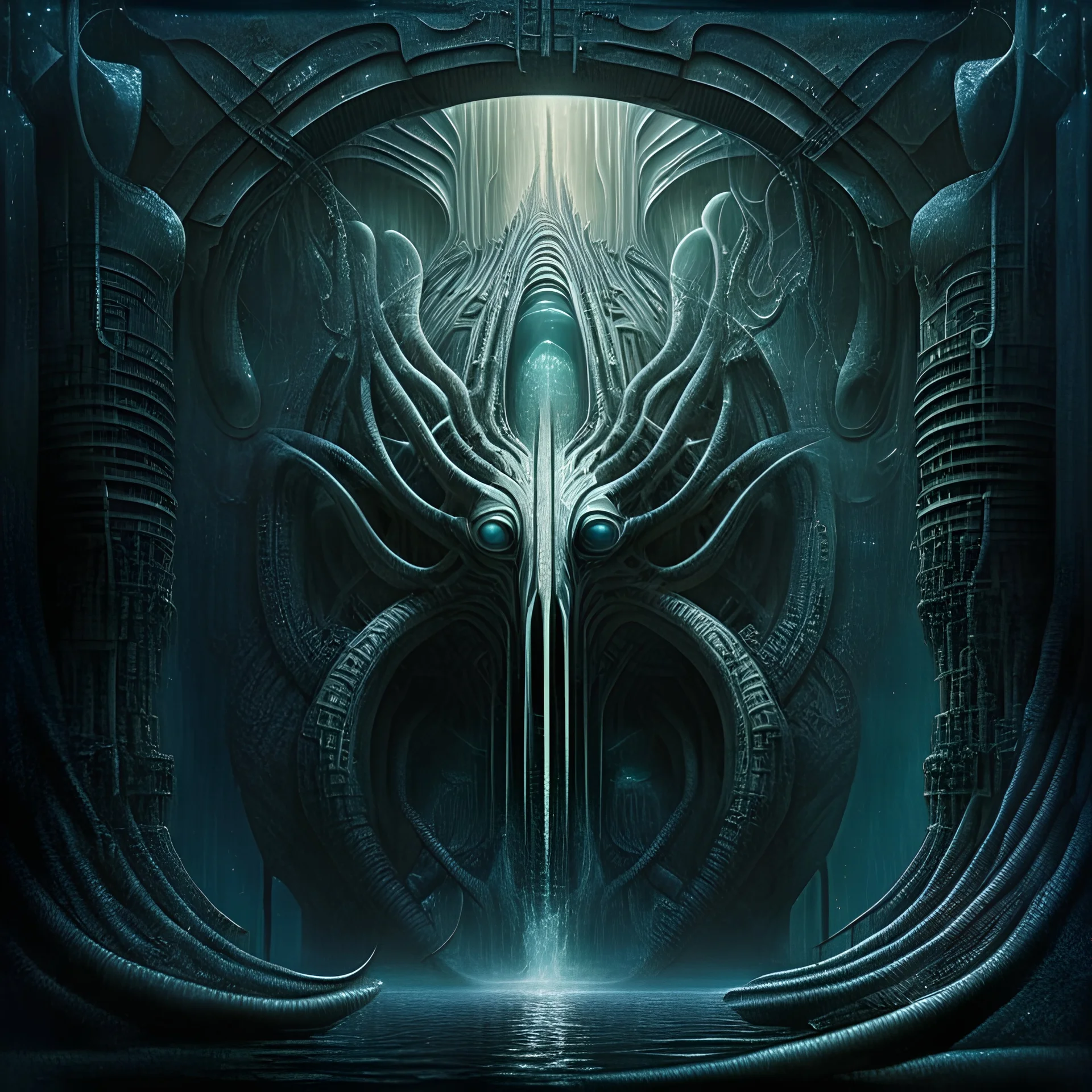 In this realm where the essence of poolcore and the dark wonders of Giger's imagination intertwine, an uncharted world of serene dread and mesmerizing allure beckons you to delve deeper into the unknown.