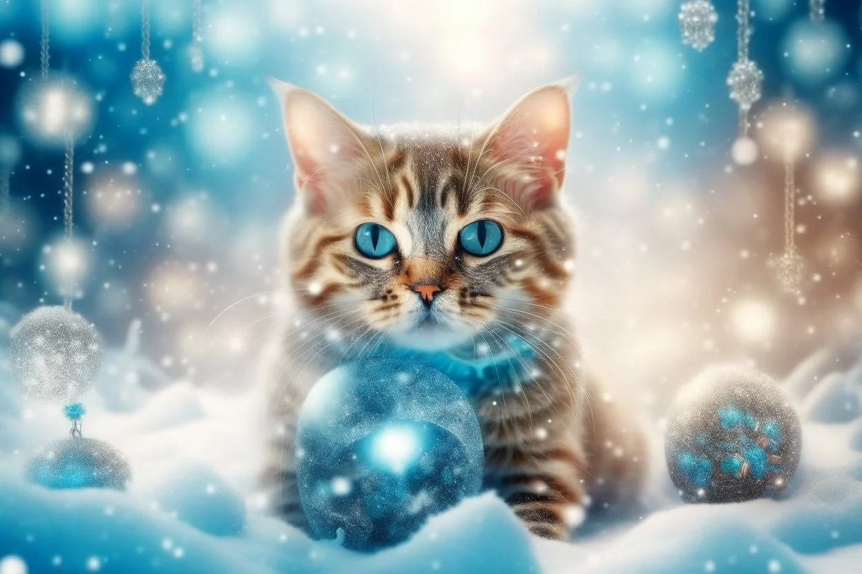 Double exposure, merged layers, Christmas fantasy, cat Christmas ornaments, gifts, double exposure, snowfall, heart, snowflakes, icy snowflakes, burlap, gems and sparkling glitter, sunshine