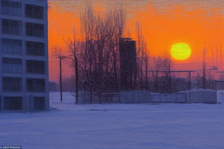 Sunset, winter, cyberpunk buildings in the ice, tendency to science fiction, impressionism painting